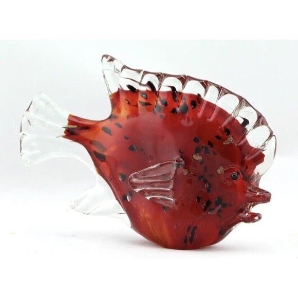 7" Hand Blown Art Glass Fish Figurine Sculpture Statue Red Black Clear EUC